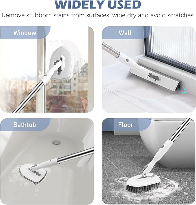 SetSail 4-in-1 Tile Tub Floor Scrubber with 52-inch Long Adjustable Handle Shower Cleaner Brush with V-Shaped Grout Brush and 3 Replacement Brush Heads for Bathroom Kitchen Sink Walls Tub Tile, White