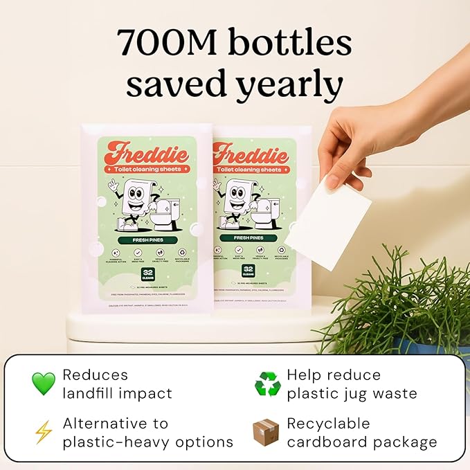 Freddie Toilet Cleaner Sheets - Fresh Pines Scent - Plastic Jug-Free Alternative to Liquid Cleaners - 32 Dissolvable Cleaning Strips