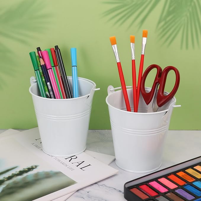 20 Pack 4 Inch White Mini Metal Bucket, Elegant Galvanized Buckets with Handles, Tin Buckets, Small Iron Bucket, Mini Metal Pail for Party Favors, Crafts, Garden & Beach