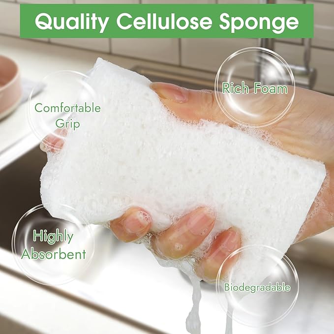 12 PCS Dish Sponges Kitchen, Non Scratch Cleaning Sponge for Non Stick Cookware, Natural Compressed Cellulose Wash Scrub for Household Bathroom, Soft Washing Scrubbers (White)