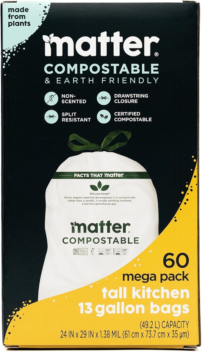 Matter Compostable 13 Gallon Tall Kitchen Trash Bags with Drawstring, Eco-Friendly, Unscented, Durable, Leak-Resistant, 60 Count