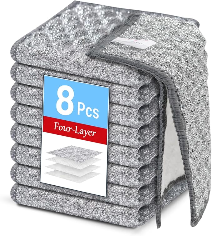 8 PCS Four-Layer Non-Scratch Multipurpose Steel Wire Dishcloths - Reusable Quick-Dry Odor-Free Scrub Cloths for Dishes, Kitchen Cleaning Cloths for Cookware, Sinks, Stove Tops(7.87X7.87)