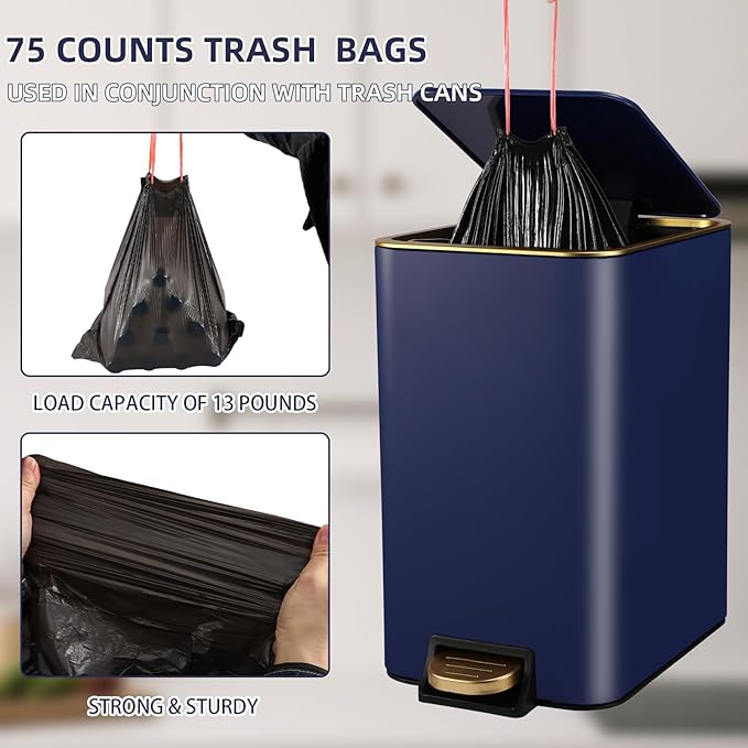 Small Bathroom Trash Can with Lid Soft Close, 1.8 Gallon Stainless Steel Garbage Can with Removable Inner Bucket,3PCS Soap Dispenser,75Count Trash Bag, Slim Step Pedal Trash Bins