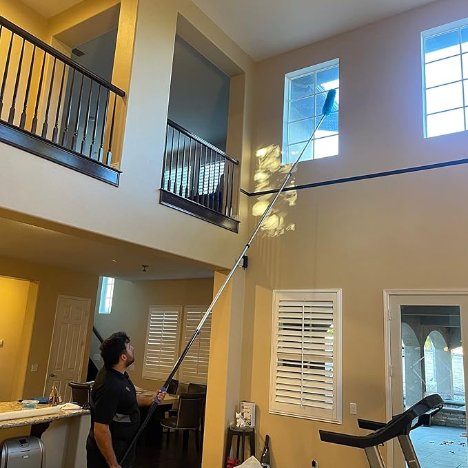 30 Foot High Ceiling Fan Duster with 6-24 Foot Extension Pole, Extendable Reusable Cobweb, Feather, Window Cleaning Squeegee Kit