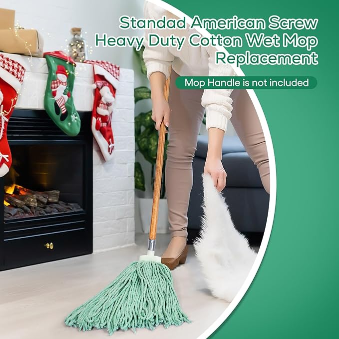 Matthew Cleaning Screw-on Heavy Duty Cotton Wet Mop Replacement Heads(Green, Medium,12 Pack) with 2 Pack Microfiber Cloth for Residential & Commercial Floor Cleaning Use- Fit Standard American Screw