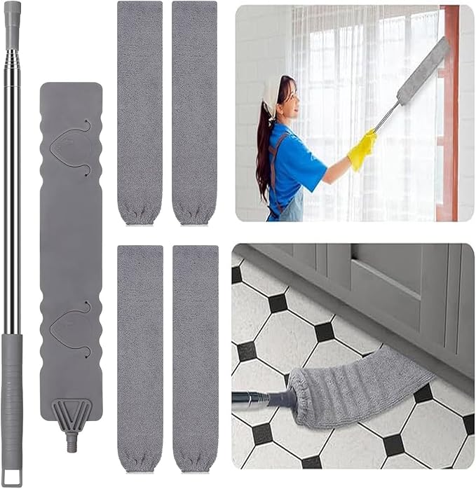 Retractable Gap Dust Cleaner, 4 Microfiber Dusting Cloths Long, Ceiling Fan Cleaner Duster with Stainless Steel Handle Washable Cleaning Tools, Extendable Duster, High Ceiling, Blinds