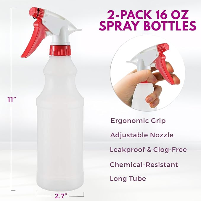 DilaBee Plastic Spray Bottle (2 Pack) - 16oz Empty Spray Bottles for Cleaning, Gardening & Grilling - Leakproof & Adjustable Nozzle Water Spray Bottle - Heavy Duty & BPA Free Plastic Spray Bottles