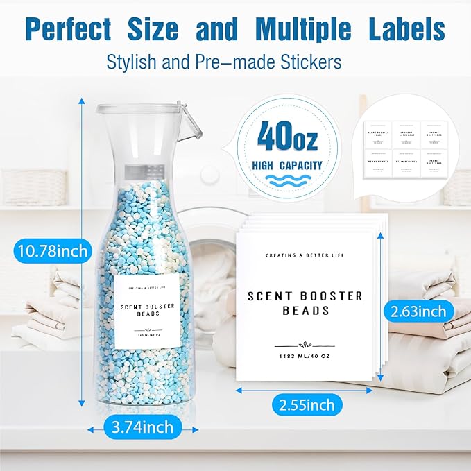 Laundry Detergent Dispenser Bottle 40oz with Waterproof Label for Laundry Detergent Soap Fabric Softener Bleach Scent Booster Beads, Sturdy PET Bottle for Laundry Room Decor 3 Pack