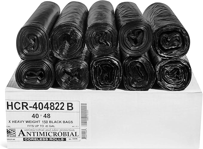 Aluf Plastics High Density Trash Bags, 45 Gallon, 150 Count, 22 Micron (eq), 40" x 48", Black, for Bathroom, Office, Industrial, Commercial, Janitorial, Municipal, Recycling