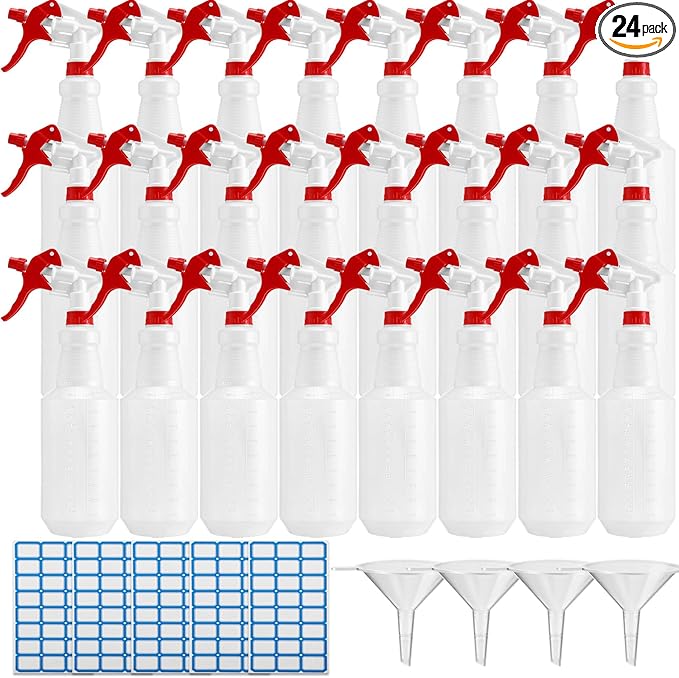 Zubebe 24 Pack 32 oz Plastic Spray Bottle Bulk Empty Leakproof Heavy Duty Spray Bottles for Cleaning Supplies Mist Bottles with Label and Adjustable Nozzle for Plant(Red, White,Clear Scale)