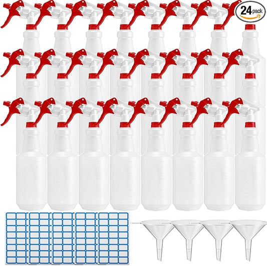 Zubebe 24 Pack 32 oz Plastic Spray Bottle Bulk Empty Leakproof Heavy Duty Spray Bottles for Cleaning Supplies Mist Bottles with Label and Adjustable Nozzle for Plant(Red, White,Clear Scale)