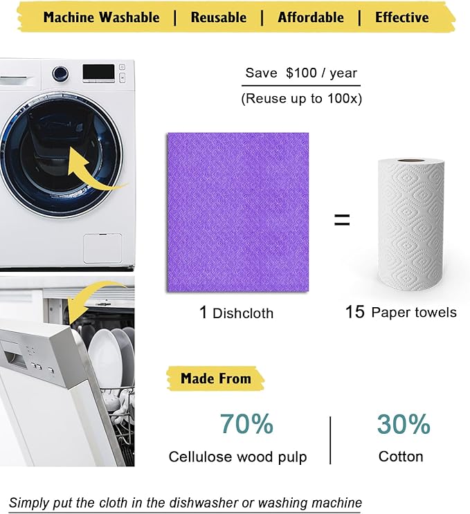 Swedish Dishcloths - 10 Pack Reusable Kitchen Dishcloths - Ultra Absorbent Dish Towels for Washing Dishes - Cellulose Sponge Cloth Cleaning Cloths - Purple