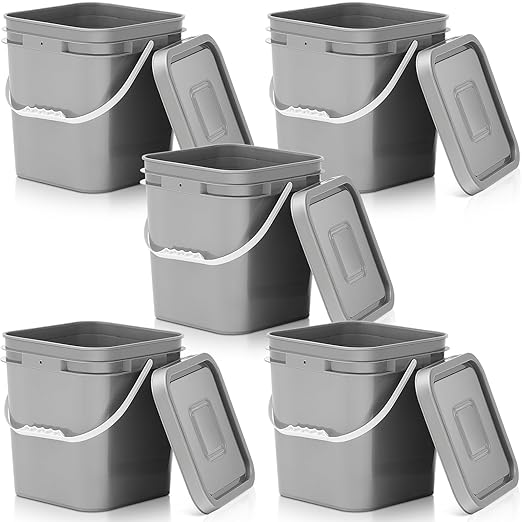 Mumufy 5 Pcs 3.5 Gallon Square Food Grade Bucket with Lid Square Bucket Pail with Plastic Handles for Storing Dry Food, Charcoal, Camping, Fishing (Gray)