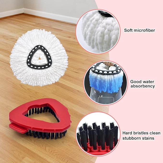 Spin Mop Handle Mop Heads Mop Base Mop Scruby Brush Replacement Sets Combo Compatible with Ocedar EasyWring 1 Tank Spin Mop System (1 Sets Stainless Steel Mop Handle +2 White Heads +1 Base +1 Brush)