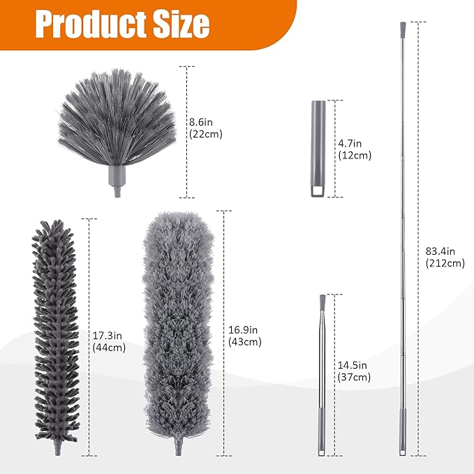 4 Pcs Microfiber Cobweb Duster with 100-inch Extendable Pole, Washable and Reusable Feather Cleaning Duster Kit with 3 Duster Heads,Dusters for Cleaning with Telescopic Pole for High Ceiling Fan