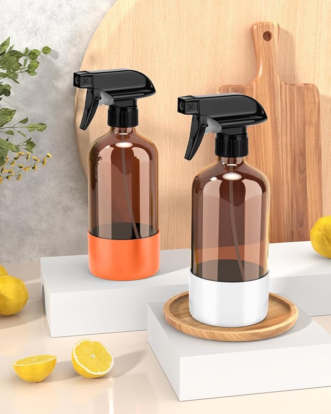 Glass Spray Bottle with Silicone Sleeve Protection, Amber Glass Spray Bottle Set for Window Cleaner Aromatherapy Facial Hydration Watering Flowers Hair Care 2 Pack/16 oz (White & Orange, 16 oz)