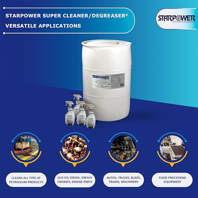 STARDUST Spill Products Starpower D355SP Industrial Degreaser, All Purpose Cleaner 55 Gallon Drum, Includes Empty 32-Ounce Labeled Sprayers for Easy Dilution, Efficient, Safe, Versatile - 4 Case