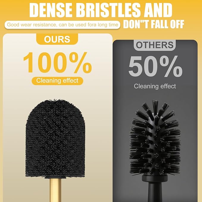 BESy Toilet Brush and Holder, Toilet Cleaner Bowl Set with Two Brush with Extra Long Handle, Durable Bristles Toilet Scrubber and Covered Holder, Drip-Proof Stainless Steel Brushed Gold