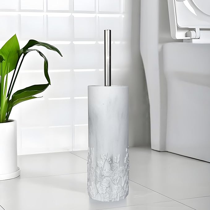 Marble Cherry Blossom Design Resin Toilet Brush and Holder Set for Bathroom, Stylish Design with Durable Bristles and Compact Storage