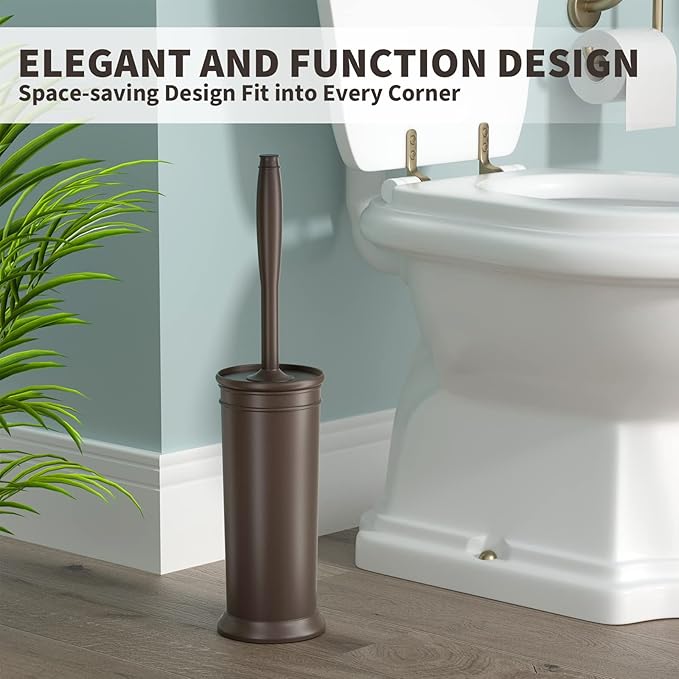 Toilet Brush and Holder 2 Pack, Toilet Bowl Brush with Extra Long Handle, Toilet Scrubber and Covered Holder, Toilet Brushes for Bathroom-Space Saving, Covered Brush, Durable, Deep Cleaning(Bronze)