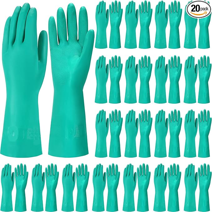 20 Pairs Chemical Resistant Gloves Heavy Duty Thick Nitrile Gloves Bulk for Cleaning, Resist Household Acid, Alkali and Oil (Medium)