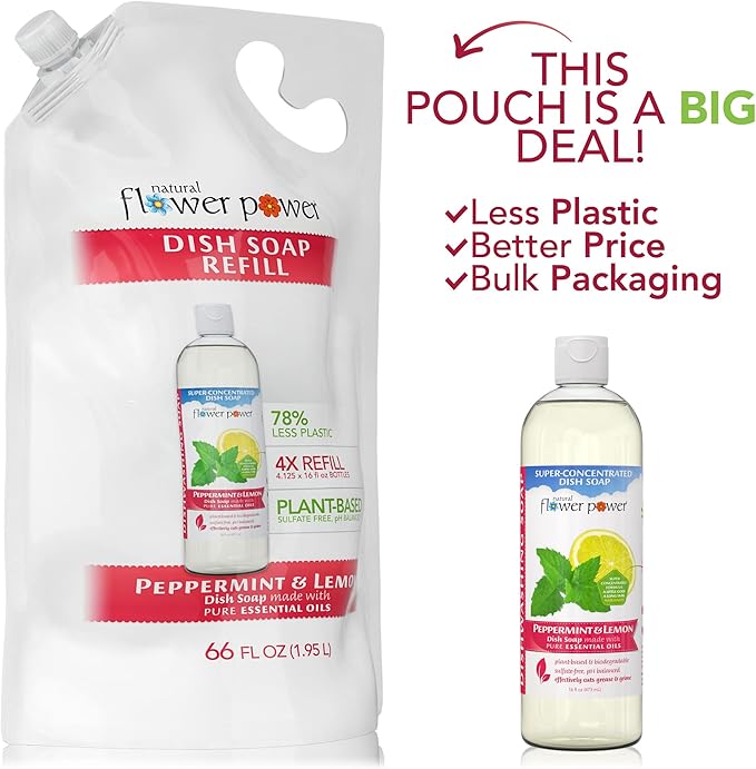 Natural Flower Power Liquid Dish Soap Refill – 66 Fl Oz Refills 4X – Plant-Based & Scented w/Pure Essential Oils – Natural Dishwashing Detergent – Sulfate-Free Kitchen Soap (Peppermint & Lemon)