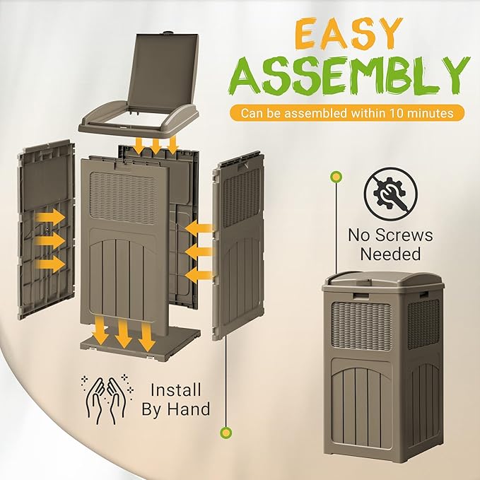 YESHOMY 33 Gallon Resin Outdoor Trash Can with Lid, Hideaway Waterproof Patio Garbage Bin, Coffee