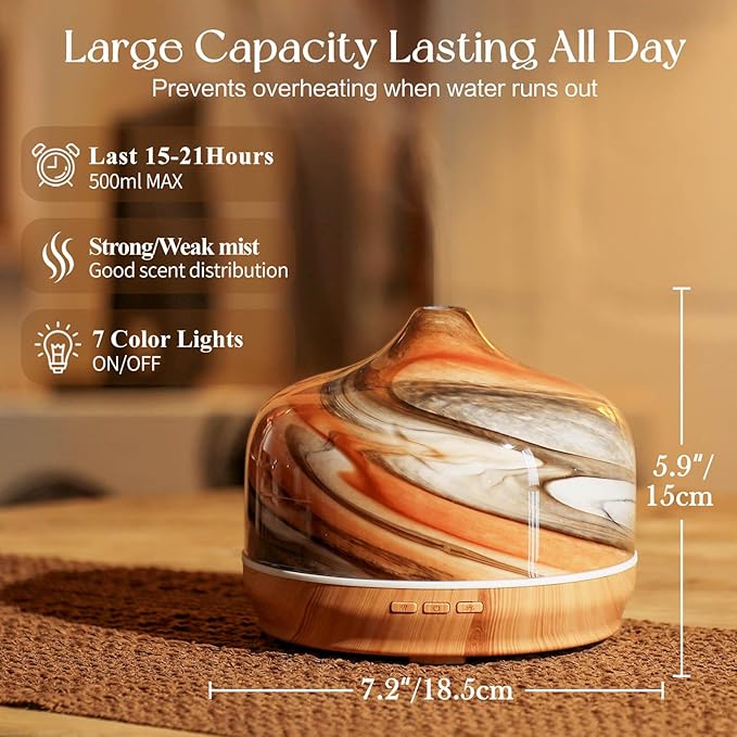 Porseme 500ml Glass Essential Oil Diffuser Aromatherapy Ultrasonic Cool Mist Humidifier 15-21 Running Hours Waterless Auto-Off Air Diffusers for Sleeping,Yoga,Office Working,Spa and Rest (Deep Desert)