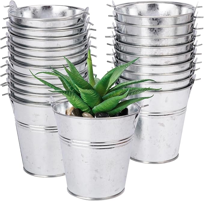 22 Pack 4" Mini Metal Bucket, Elegant Galvanized Buckets with Handles, Tin Buckets, Small Iron Bucket, Mini Metal Pail for Party Favors, Crafts, Garden & Beach
