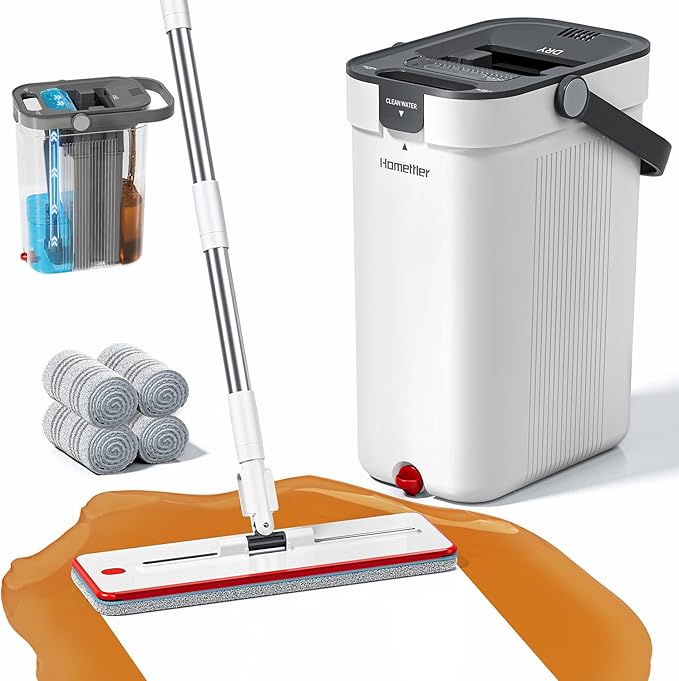 Mop and Bucket Set, Flat Mop and Bucket System with Separate Dirty and Clean Water, 3-Compartment Wall Cleaner Mop, Flat Mops for Floor Cleaning with 4 Microfiber Pads