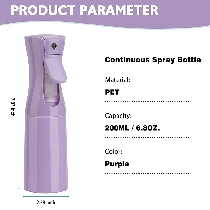 Spray Bottle for Hair (6.8OZ /200ML) Continuous Ultra Fine Mist Sprayer for Hair, Salons, Barber, Plants, Skin Care, Cleaning 1 Pack Purple