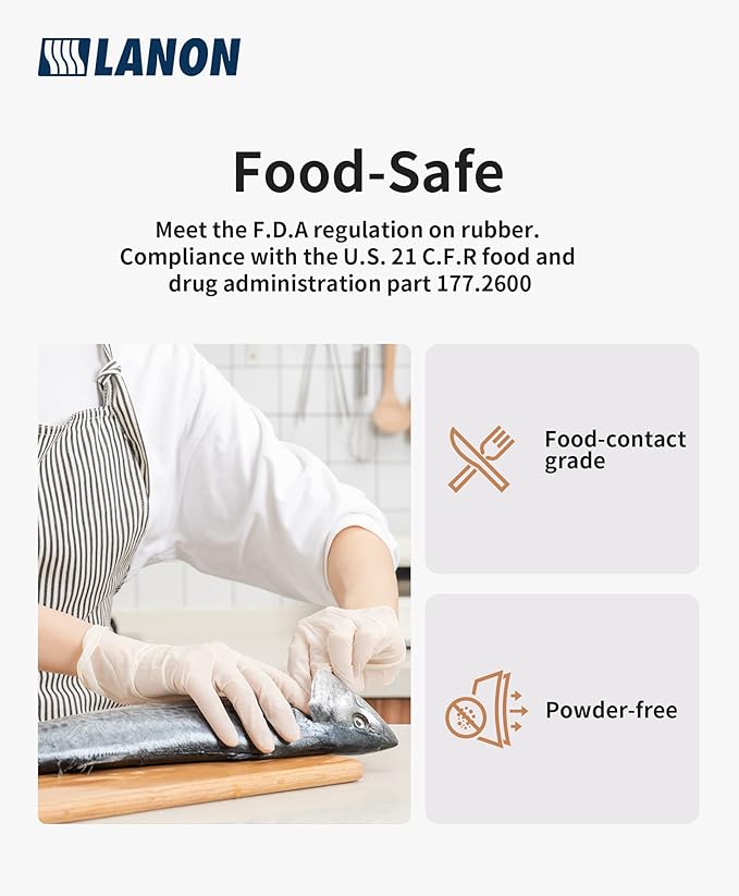 LANON 5 mil Latex Disposable Gloves, Food-Contact Grade, Powder-Free, Fully Textured, White, Medium