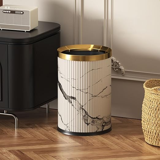 Small Fancy Bathroom Trash Can, Metal Trash Can Covered with Leather, Open Top, Hide The Garbage Bag，for Bathroom, Living Room, Bedroom, Office, Bank, Hotel (9L-Ink Painting)