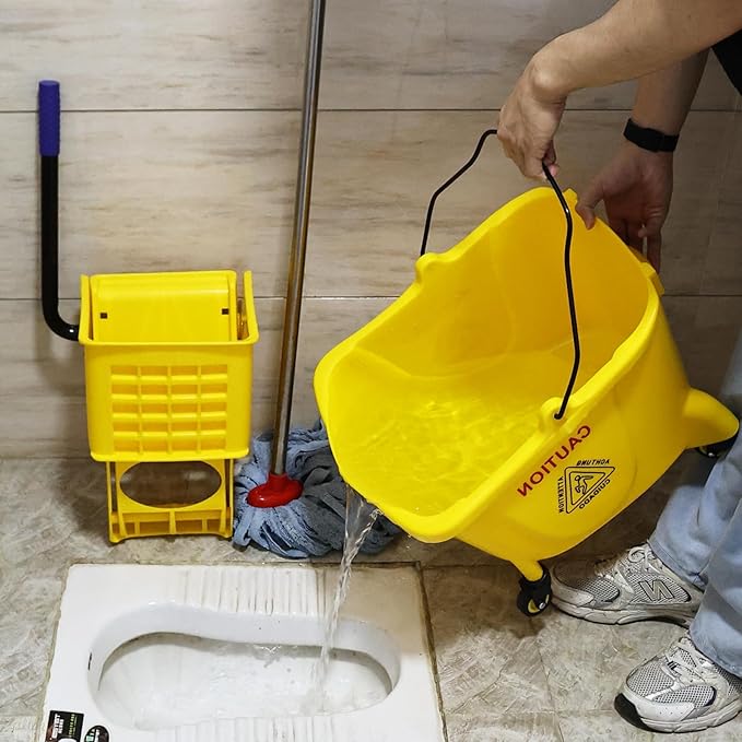 Mop Bucket with Side Press Wringer, 25 Quart Bucket on Wheels for Mopping Floors, Yellow