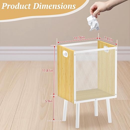 Small Trash Can Bamboo Waste Basket Garbage Can with Handles and Metal Mesh – Rectangular Wood Trash Can with Iron Frame & Legs, Cute Trash Bin for Living Room, Office, Bedroom, Bathroom, 4.5 Gallon