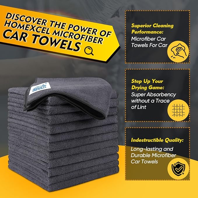 HOMEXCEL Microfiber Cleaning Cloth 12 Pack, 12.5 x 12.5 inch Microfiber Towels for Cars, Ultra Absorbent Washing Cloth, Lint Free Streak Free Cleaning Rags for Car, Kitchen, and Window (Grey)