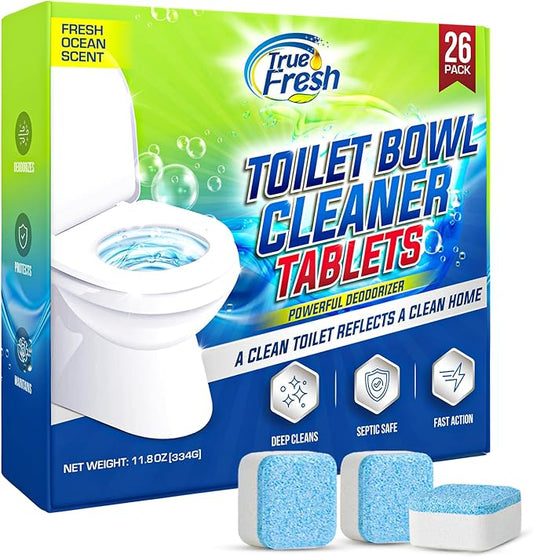 True Fresh Toilet Bowl Cleaner Tablets 26 Pack – Deodorizer & Septic Safe – Deep Cleaning, Odor Eliminator, Stain Remover for Long-Lasting Freshness – Fresh Ocean Scent