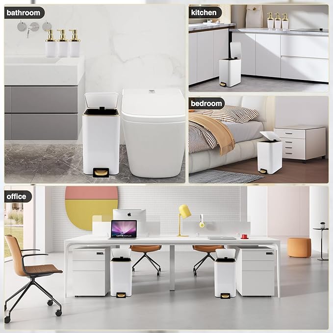 Small Bathroom Trash Can with Lid Soft Close, 1.8 Gallon Stainless Steel Garbage Can with Removable Inner Bucket,3PCS Soap Dispenser,75Count Trash Bag, Slim Step Pedal Trash Bins