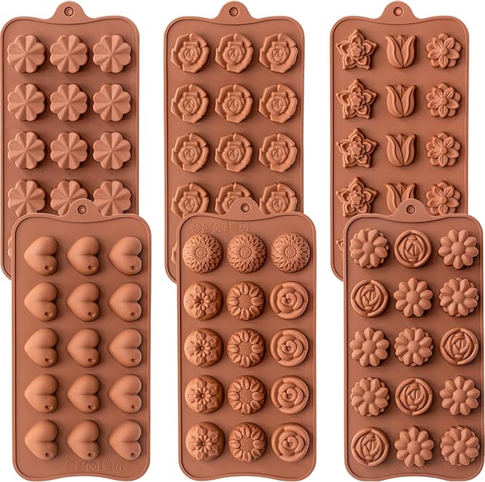 6 Pack Flower Shape Chocolate Candy Molds Silicone, Food-Grade Non-Stick Jello Mold, Crayon Mold, Silicone Baking Mold, BPA Free, including Flower, Heart, Tulip, Rose