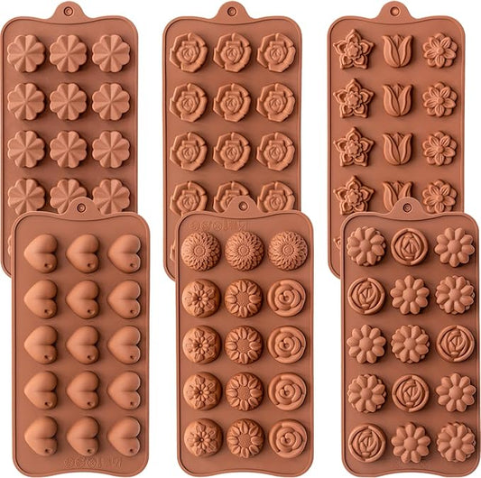6 Pack Flower Shape Chocolate Candy Molds Silicone, Food-Grade Non-Stick Jello Mold, Crayon Mold, Silicone Baking Mold, BPA Free, including Flower, Heart, Tulip, Rose