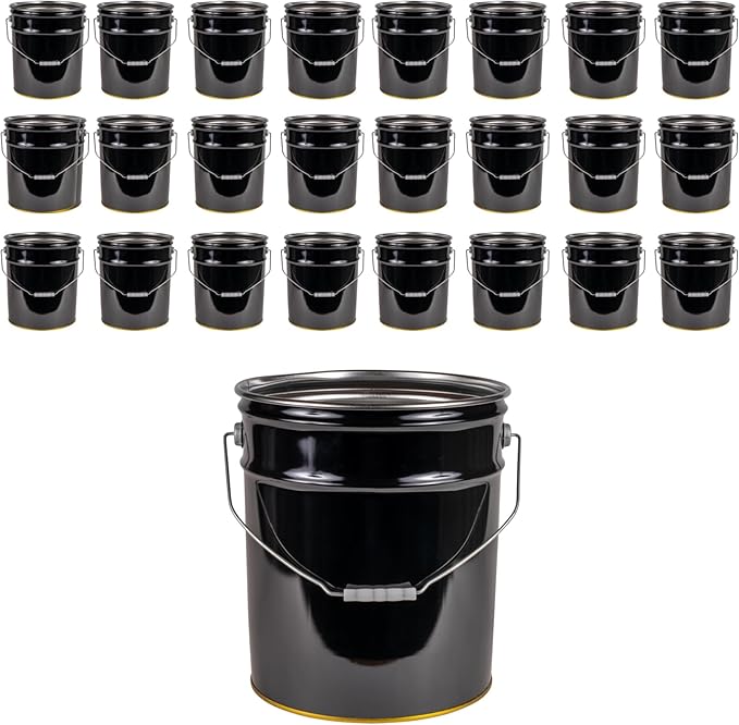 ATERET 5 Gallon Black Metal Bucket, Heavy Duty Durable Steel Open Head Pail with Handle for Outdoor and Household Use (24 Pack - Bucket Only)