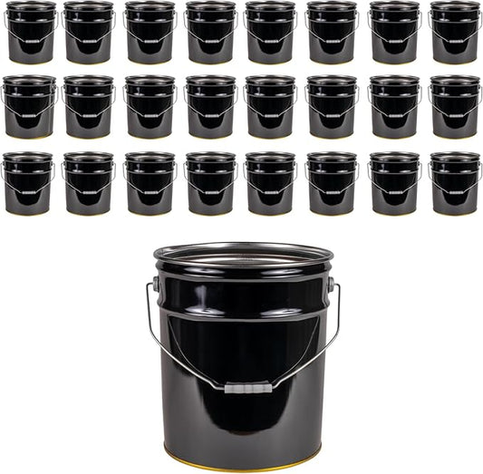 ATERET 5 Gallon Black Metal Bucket, Heavy Duty Durable Steel Open Head Pail with Handle for Outdoor and Household Use (24 Pack - Bucket Only)