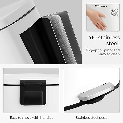 SONGMICS Trash Can with Lid, 8 Gallon Garbage Can, Stainless Steel Small Waste Bin with Step Pedal and Inner Bucket, Soft Close, Kitchen, White ULTB102W01