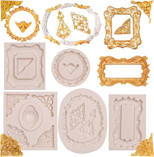 Mini Picture Fondant Silicone Molds Baroque Vintage Photo Frame Silicone Molds for Chocolate Resin Clay Cake Decorating, Set of 5
