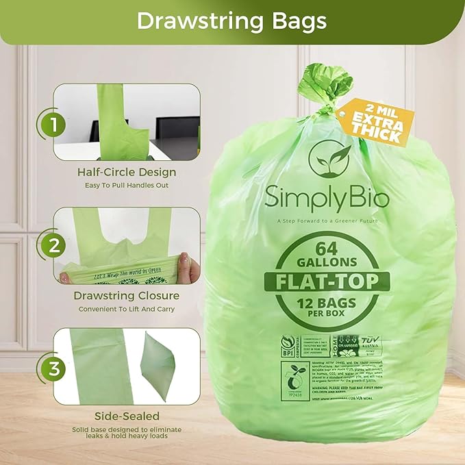 64 Gallon Compostable Trash Bags Flat-Top, Heavy Duty Extra Thick 2 Mil, 242.27 Liter, 12 Bags, Large Lawn and Yard Waste Bag, ASTM D6400, US BPI and OK Compost Home Certified