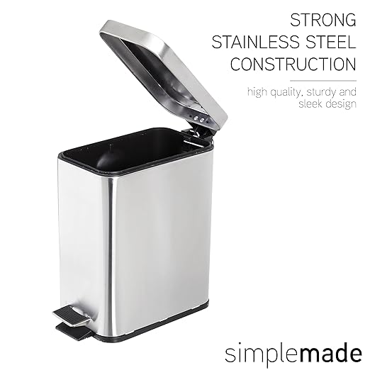 simplemade Rectangle Step Trash Can - 5 Liter / 1.3 Gallon - Stainless Steel Bathroom Trash Can | Small Trash Can with Lid | Office Trash Can | Garbage Can with Lid | Metal Wastebasket (Steel)