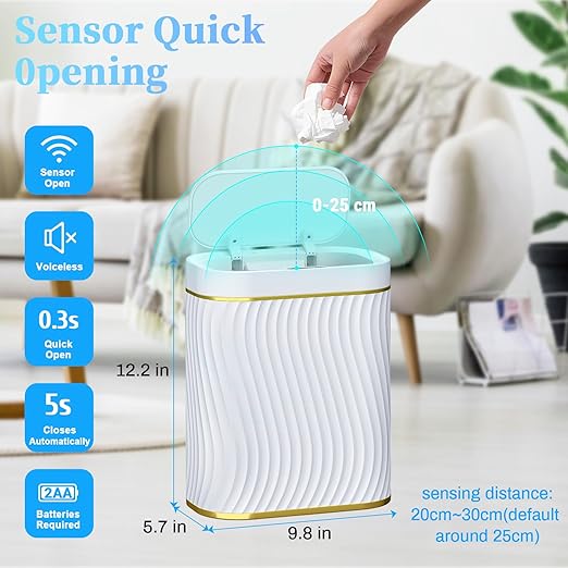Bathroom Small Trash Can with Automatic Touchless Lid, 2.6 Gallon Smart Garbage Can Narrow Waterproof Trash Bin for Bedroom, Office, Living Room