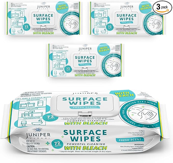 3 Pack Surface Cleaning Wipes with Bleach, All-Purpose Cleaner for Bathroom, Kitchen, Office, 216 Count Soft Flow, Fresh Scent, Lint Free & Durable