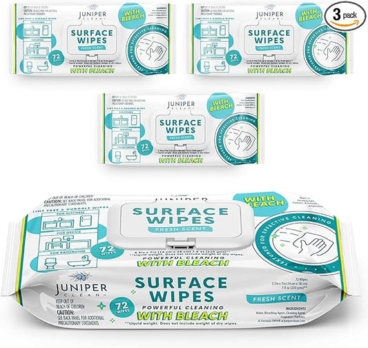 3 Pack Surface Cleaning Wipes with Bleach, All-Purpose Cleaner for Bathroom, Kitchen, Office, 216 Count Soft Flow, Fresh Scent, Lint Free & Durable