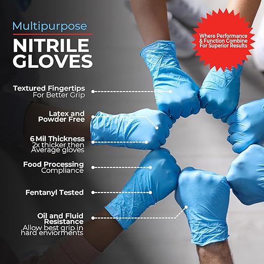 Heavy Duty 6 Mil Blue Nitrile Gloves Disposable Latex & Powder Free -Extra Stretchy Fentanyl Safe |Medical,First Aid Kit,EMT|Food Safe Rubber Gloves for Cooking & Cleaning| Pack of (100)